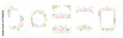 Flower Frame and Border with Floral Blossom Arrangement Vector Set