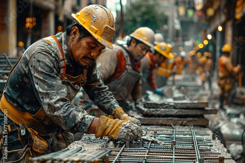 Group of immigrant construction workers working on a building site in the USA