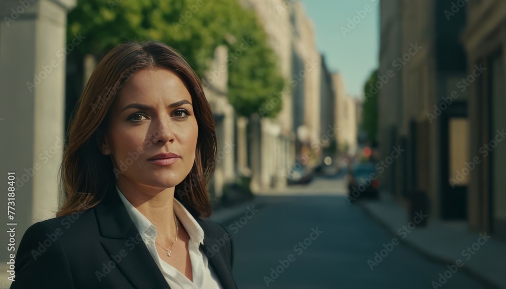 Portrait of a successful and entrepreneurial young business woman standing on the side of the street with a happy face and high self-confidence