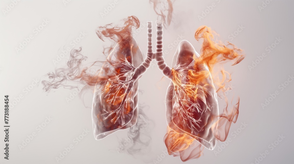 Obraz premium Burning lungs of a smoker with smoke, the concept of the impact of smoking habits on human health on white background. World no tobacco day.