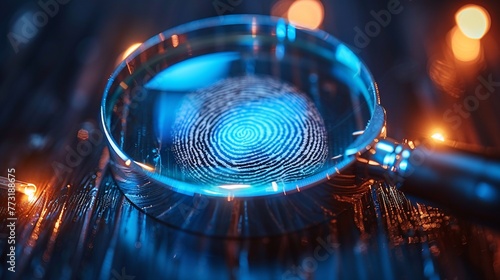 Enhance the intricacies of fingerprints under a magnifying glass against a luminous backdrop photo
