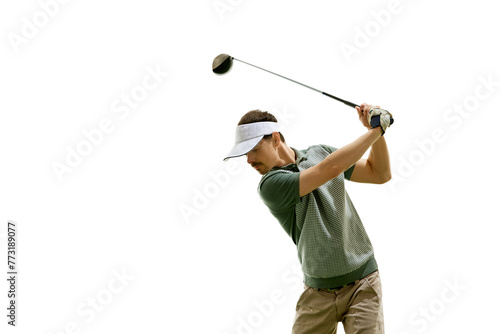 Male golf player on professional golf course. Golfer with golf club taking shot against white studio background. Concept of professional sport, luxury games, active lifestyle, action. Ad