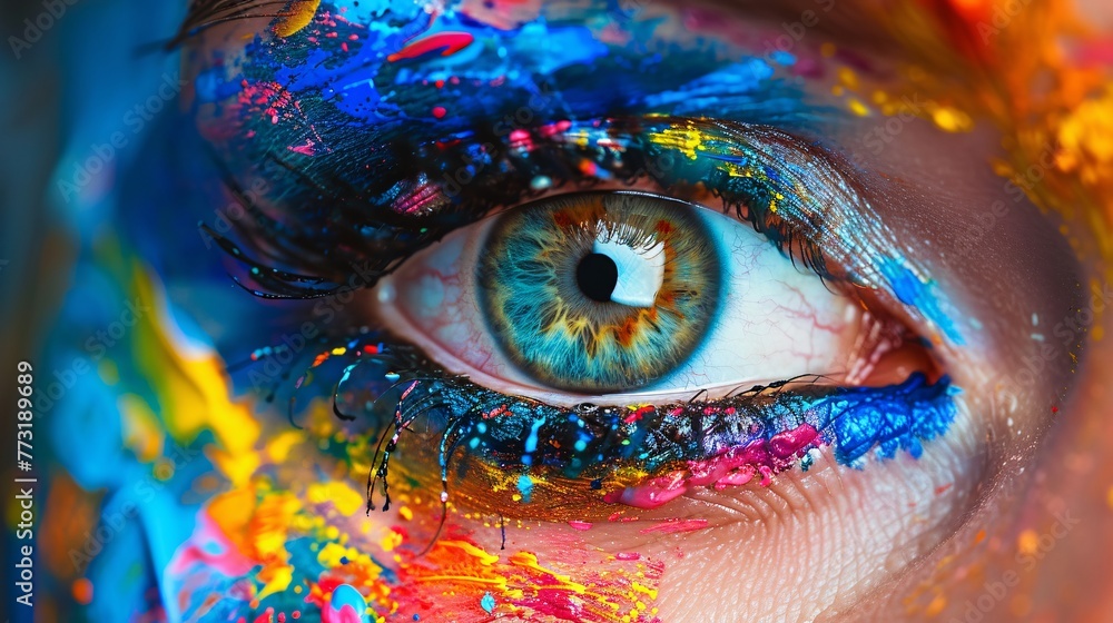 Eyes painted with vibrant colors using brushes and varnish. Dive into the world of artistic expression and imagination