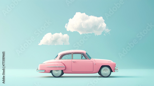 Vintage Pink Car with Dreamy Clouds © Oksa Art