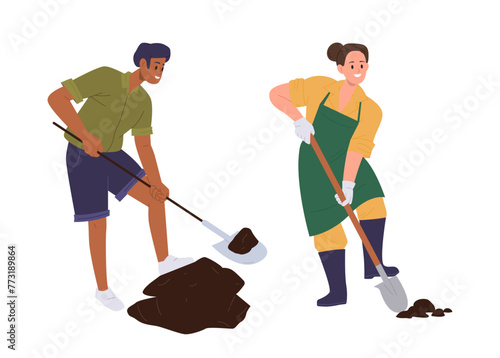 Man and woman isolated set of cartoon characters digging ground in garden planting and farming