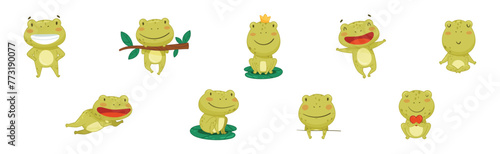 Funny Green Frog Character Engaged in Different Activity Vector Set