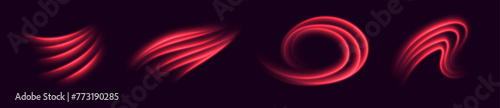 Red light trails, glowing motion effect. Hot air flow effect, warm heating wind. Abstract luminescent curves. Vector decoration.