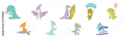 Cute Comic Dinosaur Do Different Activity Vector Set