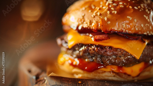 A close-up shot of delicious homemade hamburger. photo