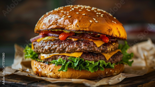 A close-up shot of delicious homemade hamburger.