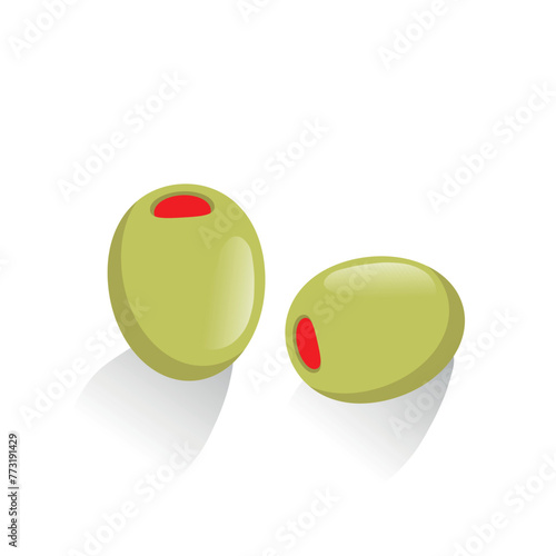 Green olives stuffed with bell peppers. Isolated on white. Pickled olives vector. Pickled olives on white background. Illustration of olive fruits. Pepper stuffed olives illustration.