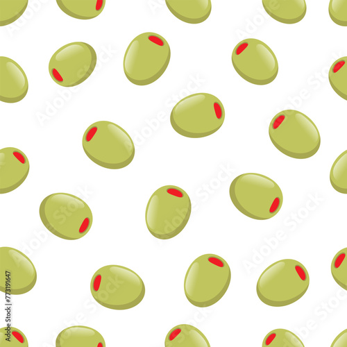 Olives seamless pattern on white background. Seamless pattern of pepper stuffed olives. Appetizer Food Pickles Stuffed olives wallpaper and background. Suitable for fabric textile prints or any use.