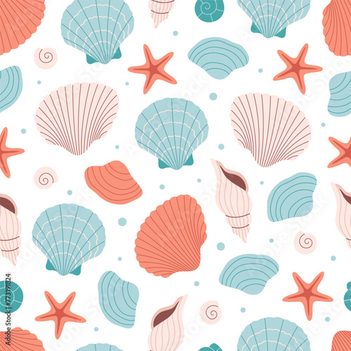 Seamless pattern with sea shells, sea stars, mollusks, sea ​​snails. Tropical beach shells. Summer seamless pattern. Vector illustration in flat style