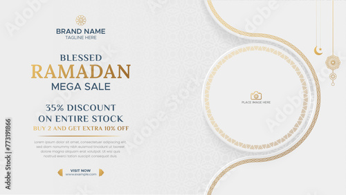 Ramadan Kareem Sale Banner Islamic Ornament Lantern Background, Ramadan sale social media post with empty space for photo
