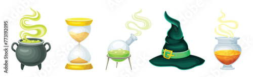 Magic Object and Element with Cauldron, Hourglass, Witch Hat and Flask Vector Set