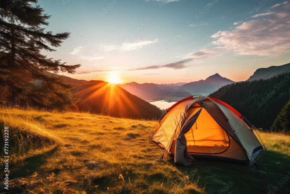 Colorful Camping tent  in the mountains at sunset Beautiful summer landscape A luxury camping tent on a meadow for outdoor holidays, Ai generated