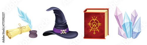 Magic Object and Element with Scroll, Spellbook, Crystal and Witch Hat Vector Set