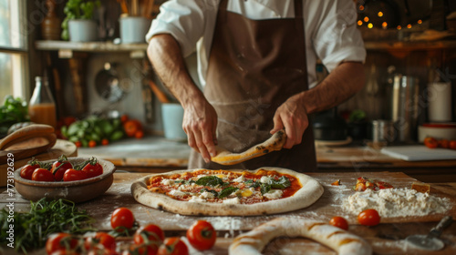 Skilled chef in a rustic kitchen setting expertly prepares a fresh, traditional Italian pizza.