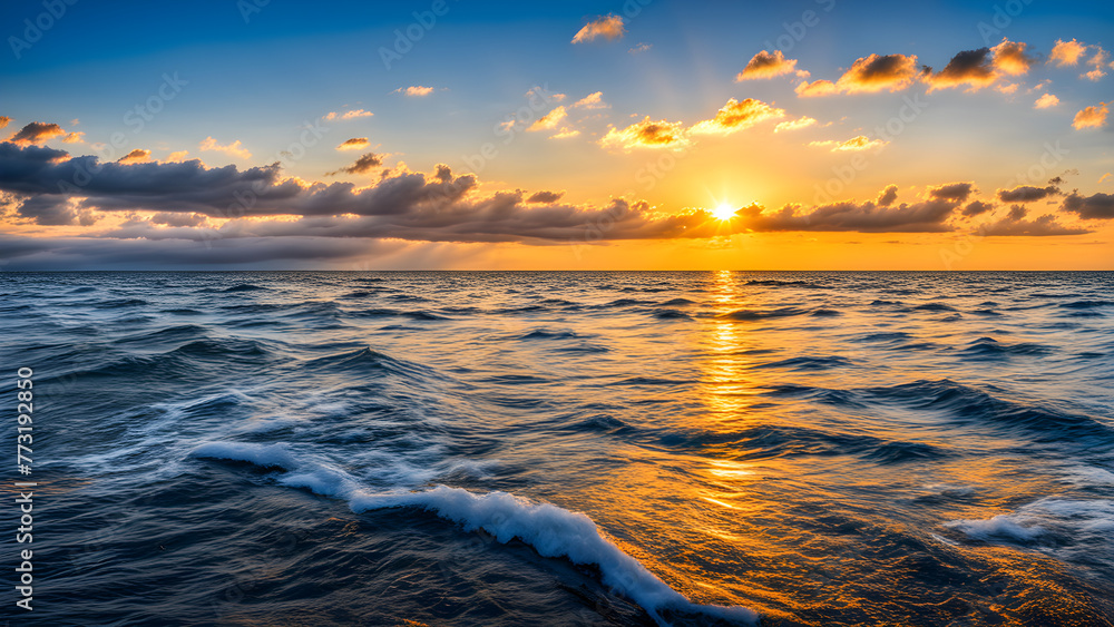 Obraz premium The sunrise scenery on the sea, beautiful evening sunset and waves