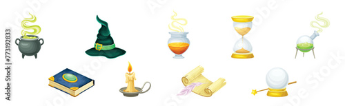 Magic Object and Element with Cauldron, Hourglass, Witch Hat and Flask Vector Set