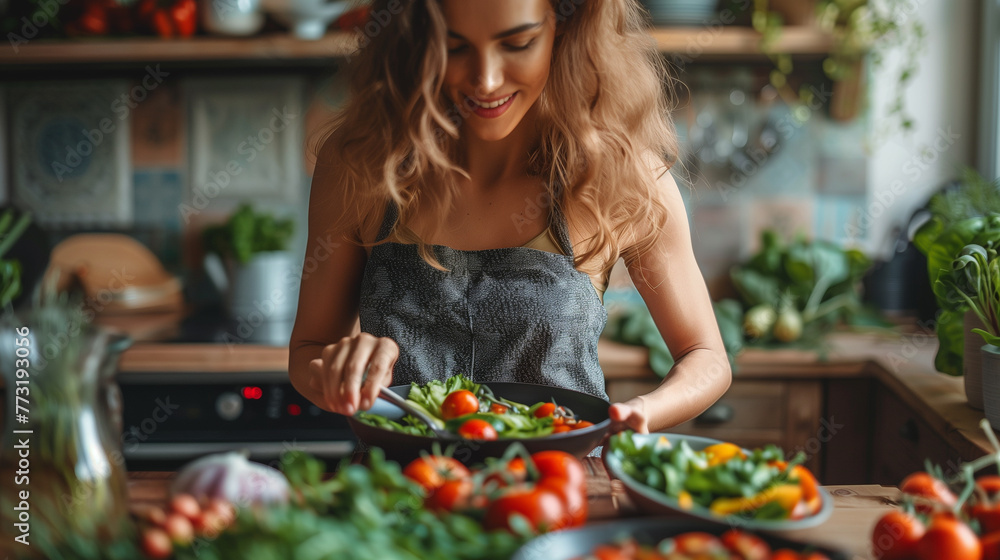 Woman preparing salad in kitchen, domestic life, one person, tomato, white ethnicity - obrazy, fototapety, plakaty 