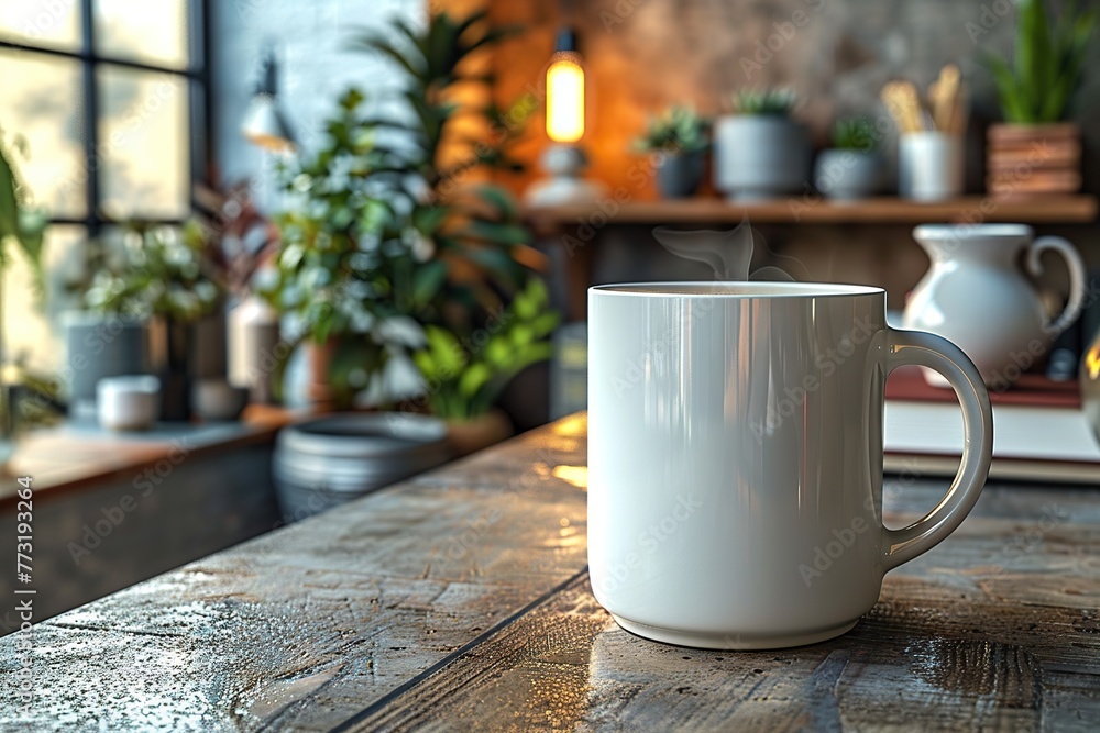 Elegant Blank White Mug Amidst Office Stationery, Nestled on a Concrete Table with Lush Greenery, Perfect for Branding and Mock Ups Elegant Blank White Mug Amidst Office Stationery, Nestled on a Concrete Table with Lush Greenery, Perfect for Branding and Mock Ups