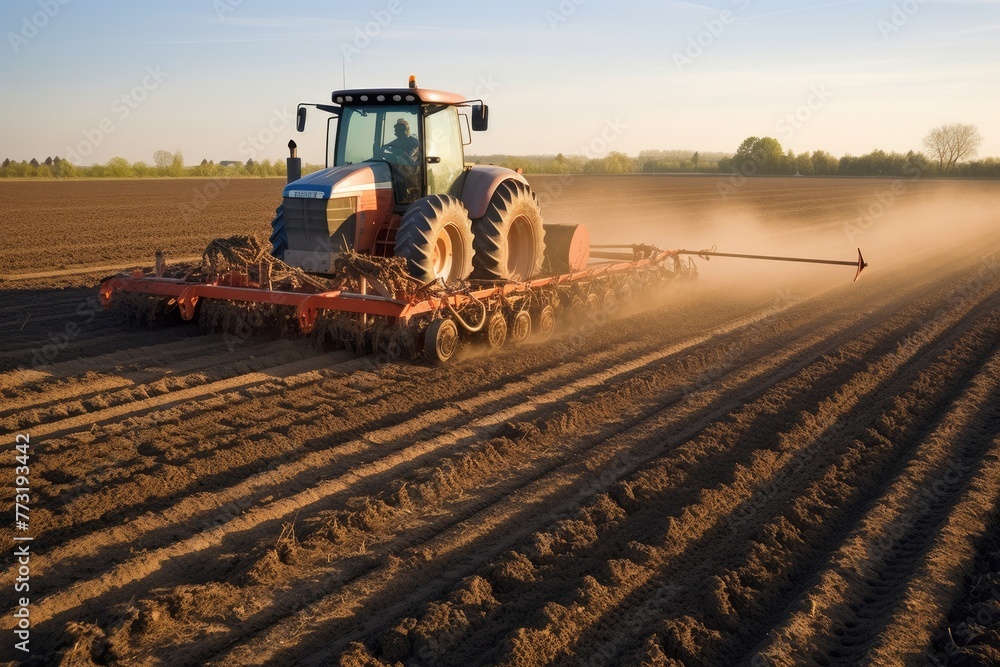 Fototapeta premium Cultivator Application of manure on arable farmland, Tractor preparing land for sowing with a seedbed , Ai generated