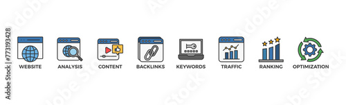 SEO banner web icon vector illustration concept for search engine optimization with icon of website, analysis, content, backlinks, keywords, traffic, ranking, and optimization