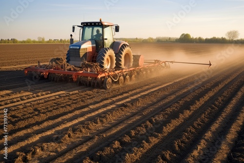 Cultivator Application of manure on arable farmland, Tractor preparing land for sowing with a seedbed , Ai generated photo