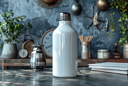 Elegant White Water Bottle Mock-Up Scene, Office Stationery, Concrete Table Setting, Artistic Background for Product Presentation and Branding. © photobuay
