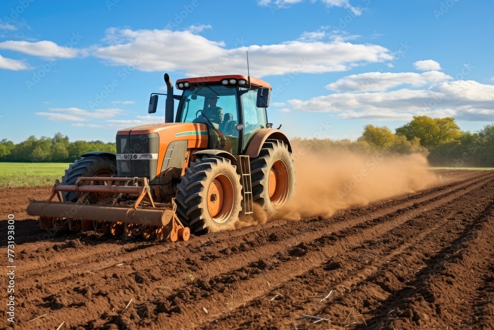 Cultivator Application of manure on arable farmland, Tractor preparing land for sowing with a seedbed , Ai generated Cultivator Application of manure on arable farmland, Tractor preparing land for sowing with a seedbed , Ai generated