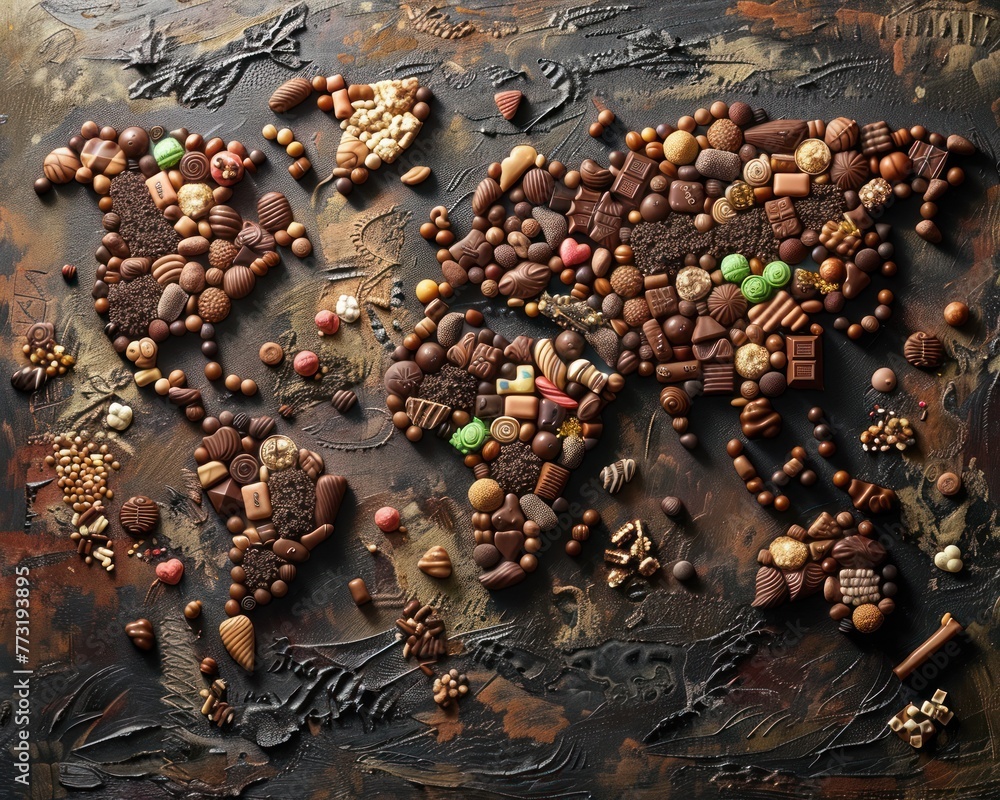 World map made of assorted chocolates World map made of assorted chocolates