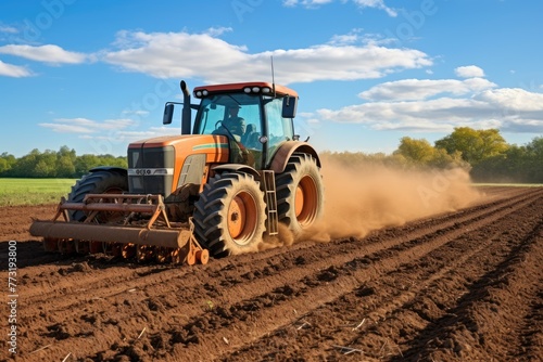 Cultivator Application of manure on arable farmland  Tractor preparing land for sowing with a seedbed   Ai generated