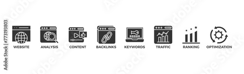 SEO banner web icon vector illustration concept for search engine optimization with icon of website, analysis, content, backlinks, keywords, traffic, ranking, and optimization