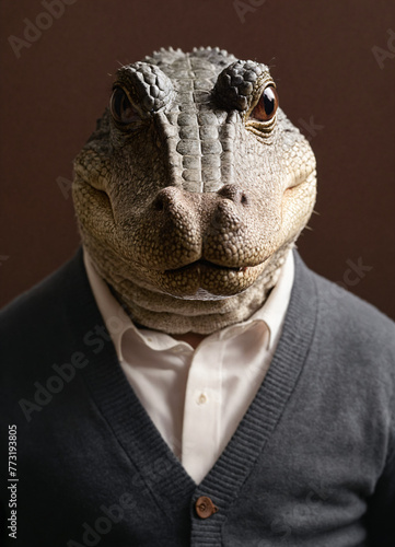 Portrait of a crocodile who is dressed in a cardigan and shirt for a photo shoot on a chestnut, brown and gray plain background. © Mari Dein