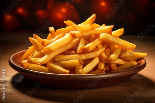 Exquisite french fries on a rustic plate against a leather background