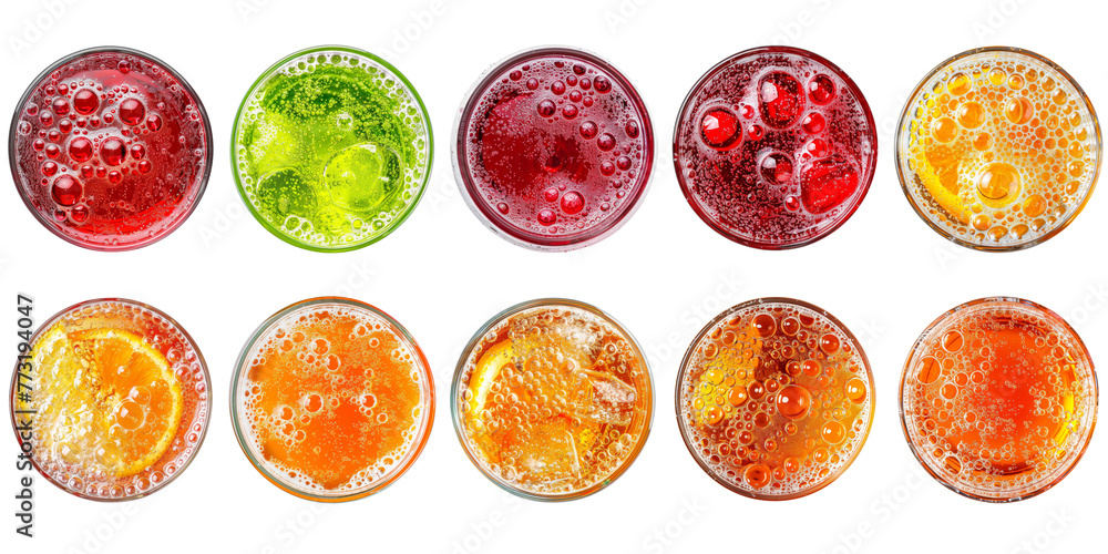 Collection top view of glasses with Soda colorful drinks menu isolated on background, mocktail or cocktail for refreshing. - obrazy, fototapety, plakaty 