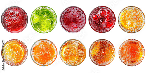 Collection top view of glasses with Soda colorful drinks menu isolated on background, mocktail or cocktail for refreshing. photo