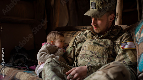 Soldado em casa com seu filho no colo
