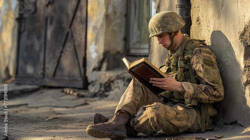 Soldado sentado na rua lendo a bíblia  © Vitor