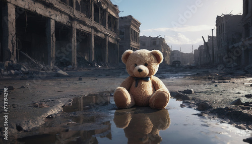 A toy teddy bear lies in puddles in a ruined city. the destroyed city after the airstrike. children are victims of the military conflict. innocent victims of military conflicts