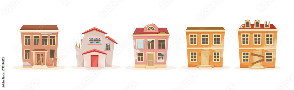 Ruined House and Abandoned Building in Bad Condition Vector Set