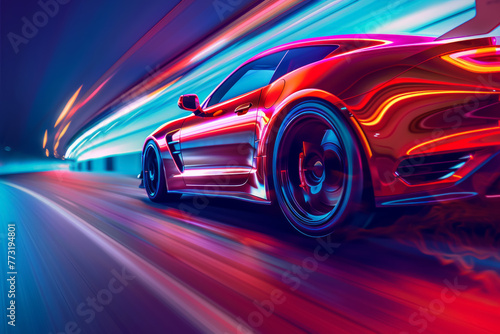 High-speed sports car in vivid neon colors zooming through a cityscape at night, emphasizing speed and modern design.