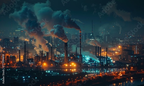 A nocturnal cityscape overwhelmed by the dense smoke emissions from industrial factories, reflecting environmental concerns.