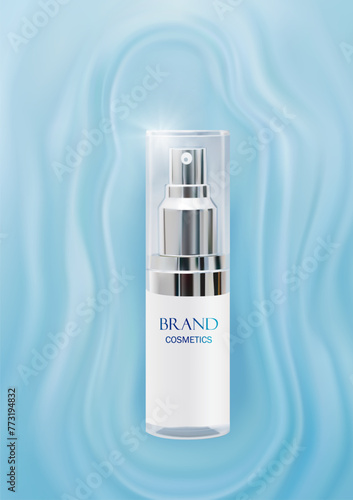 Illustration of a cosmetic bottle displayed on blue water background with waves. 3d hydrating moisturizer banner ad.vector illustration .