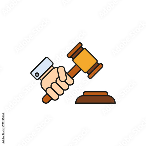 Judicial or auction gavel in hand with wooden stand. Vector on white background.