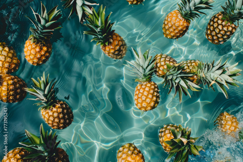 Overhead view of pineapple fruit floating in a summer swimming pool