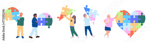 Happy people volunteers cartoon characters holding connected puzzle pieces in hands isolated set