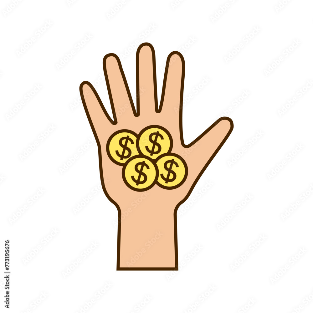 Hand with money and a coins with a dollar sign on the palm. Color vector icon and illustration on white background. Hand with money and a coins with a dollar sign on the palm. Color vector icon and illustration on white background.