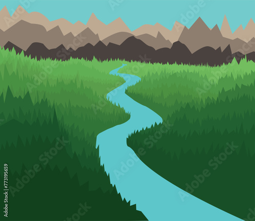 Vector image of mountains and coniferous forest at the foot. A river coming down from the mountains.
